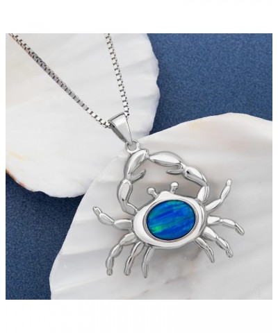 Sterling Silver Created Blue Opal Crab Necklace Pendant with 18" Box Chain $18.45 Necklaces