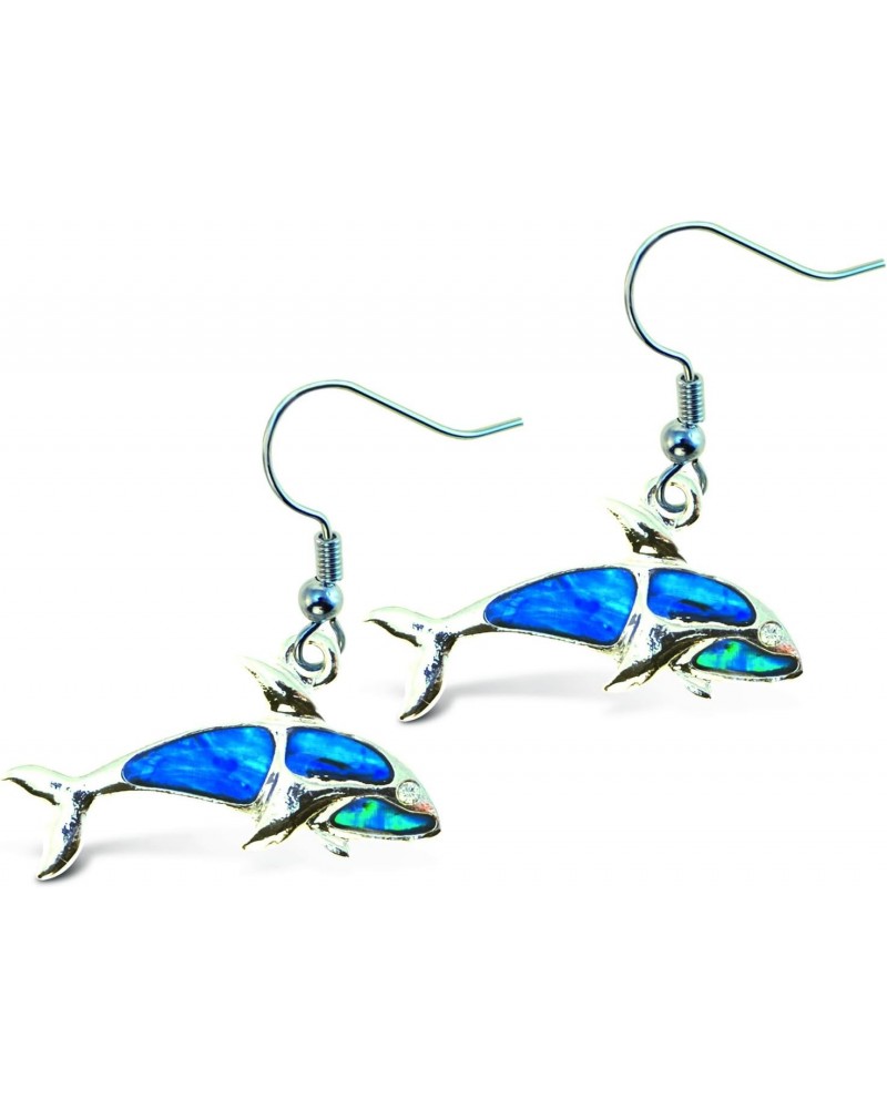 Blue & Silver Aqua Killer Whale Fish Hook Earrings, 7 Inch Metal Bullet Fashionable Elegant Jewelry with Genuine New Zealand ...