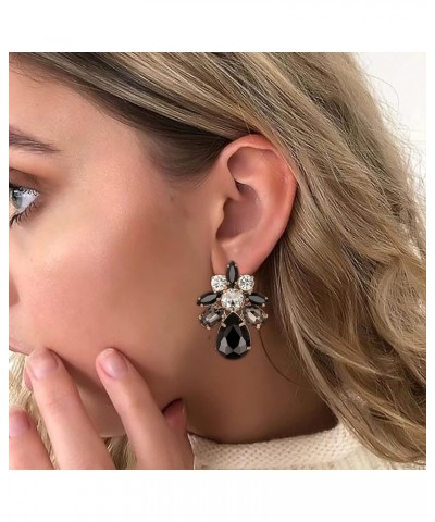 Floral Leaf Teardrop Stud Earrings for Women Girls, Rhinestone Crystal Simple Daily Drop Pierced Earrings Black $10.06 Earrings