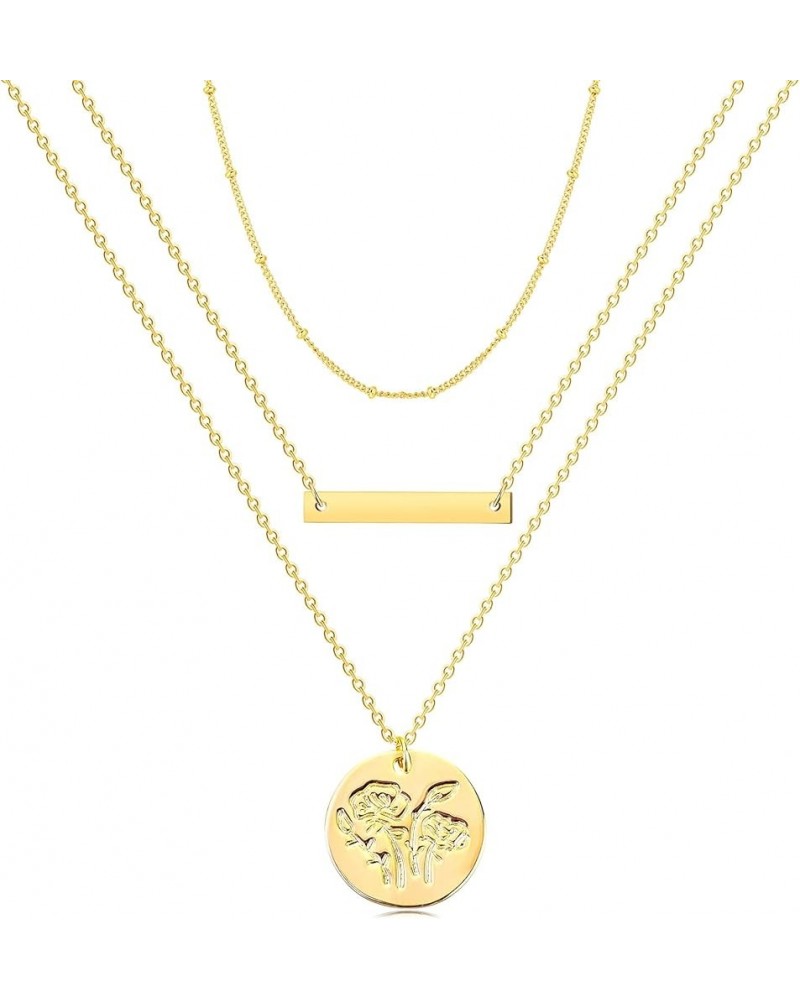 Layered Necklaces for Women Trendy, 14K Gold Plated Birth Flower Necklace Engraved Heart Coin Bar Pendant Necklace, Gold Neck...