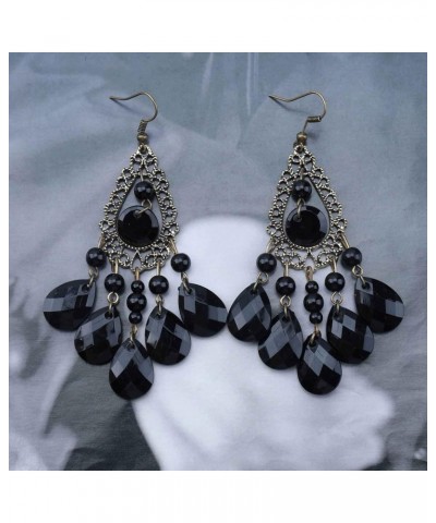 Boho Crystal Dangle Earrings Black Cz Tassel Earrings Teardrop Rhinestone Drop Earrings Chandelier Dangle Hook Earrings Weddi...