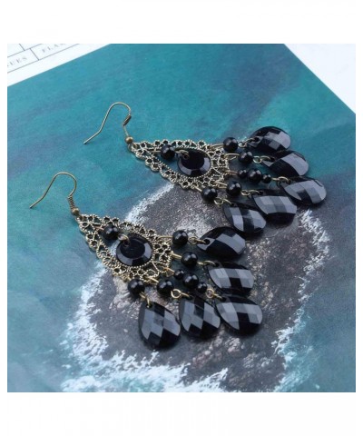 Boho Crystal Dangle Earrings Black Cz Tassel Earrings Teardrop Rhinestone Drop Earrings Chandelier Dangle Hook Earrings Weddi...