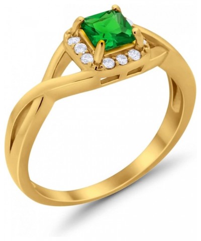 Solitaire Infinity Shank Ring Princess Cut Simulated Stone 925 Sterling Silver Choose Color Yellow Tone, Simulated Emerald CZ...