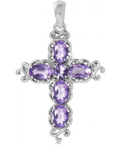 Birthstone Gemstone 925 Sterling Silver Victorian Style Cross Pendant Necklace Christmas Jewelry Gift for Women Genuine Purpl...