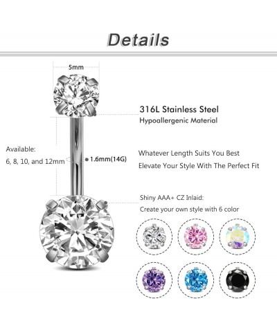 14G Belly Button Ring Surgical Stainless Steel Round Cubic Zirconia Navel Barbell Belly Rings For Women 6/8/10/12mm 1PC AB CO...