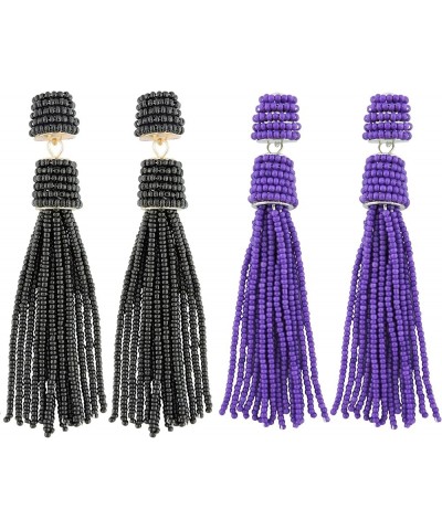 Handmade Beads Tassels Fringe Dangle Drop Earrings For Women (ER1093) Black+Lavender $14.49 Earrings