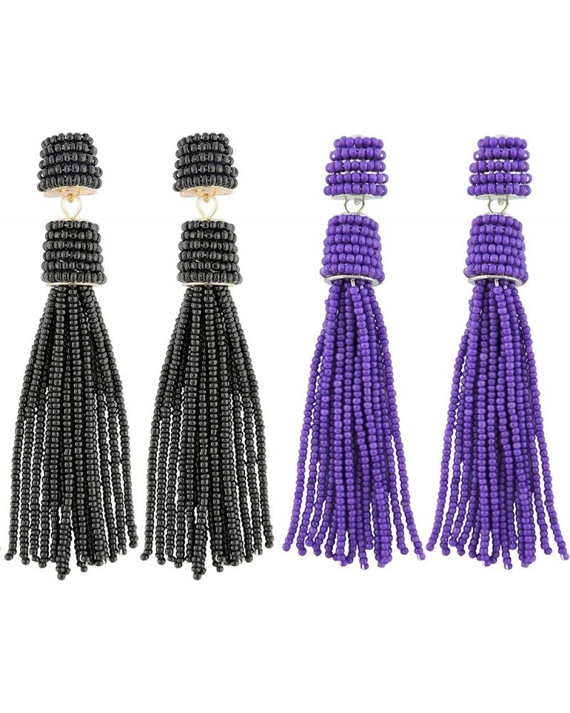 Handmade Beads Tassels Fringe Dangle Drop Earrings For Women (ER1093) Black+Lavender $14.49 Earrings