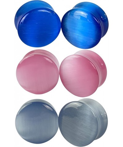 Set of 3 Pairs Cat Eye Stone Convex Double Flare Plugs (Blue, Grey, Pink)(BP-038) 9/16" (14mm) $13.95 Body Jewelry