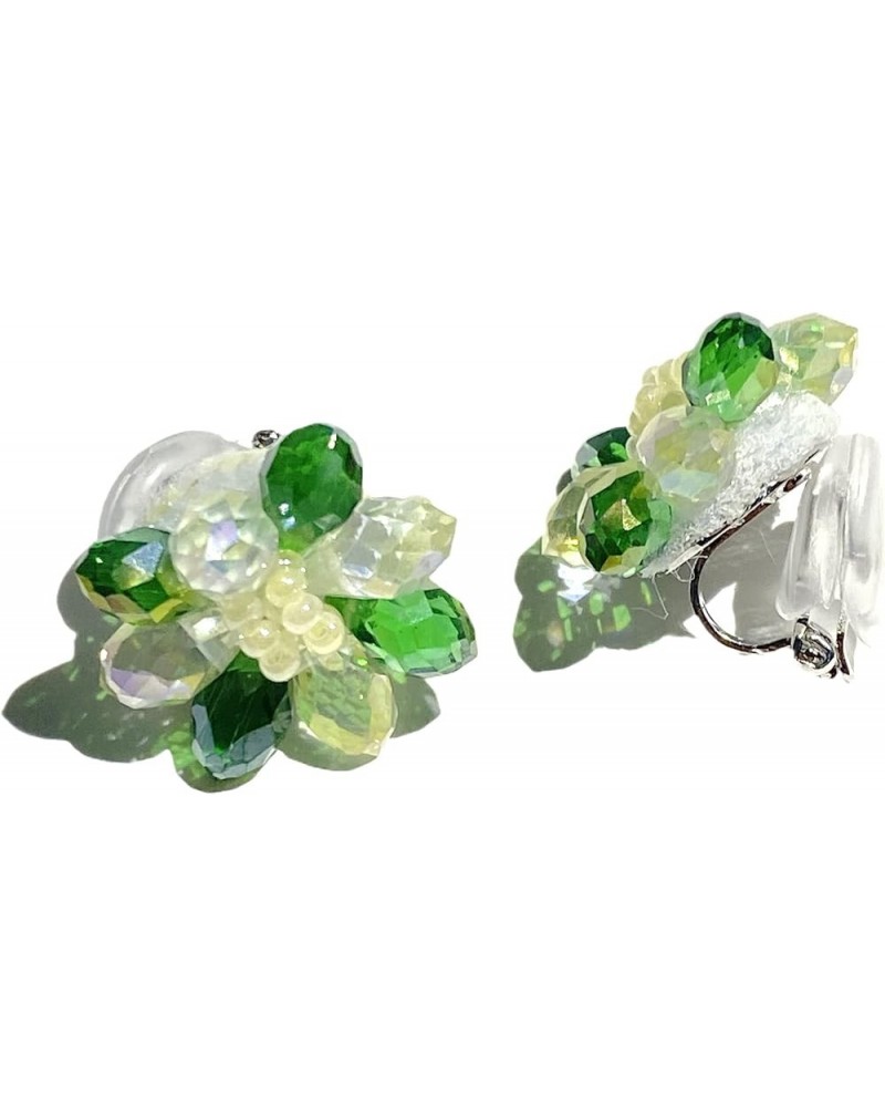 Jade Green Large Flower Crystal Glass Bead Handmade Silver-Post Stud/Clip-on Earrings Clip-on/Non-Piercing $10.06 Earrings