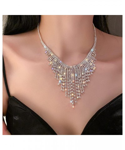 Rhinestone Tassel Fringe Chain Necklaces Silver Crystal Statement Bib Necklaces Bling Wedding Bridal Collar Choker for Women ...