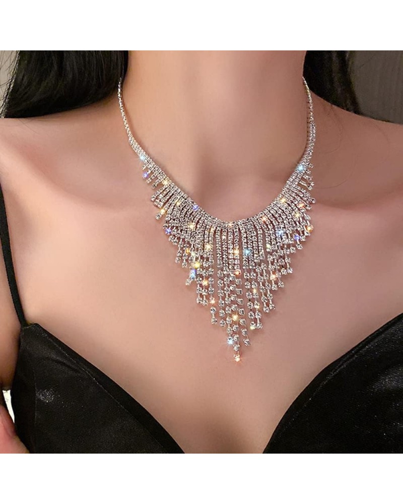 Rhinestone Tassel Fringe Chain Necklaces Silver Crystal Statement Bib Necklaces Bling Wedding Bridal Collar Choker for Women ...