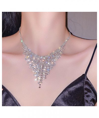 Rhinestone Tassel Fringe Chain Necklaces Silver Crystal Statement Bib Necklaces Bling Wedding Bridal Collar Choker for Women ...