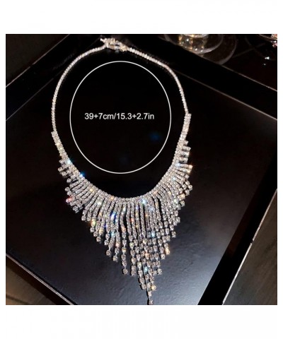 Rhinestone Tassel Fringe Chain Necklaces Silver Crystal Statement Bib Necklaces Bling Wedding Bridal Collar Choker for Women ...