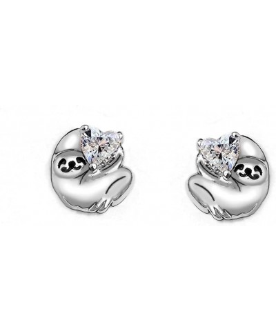 Dainty Sloth CZ Love Heart Small Stud Earrings Vintage 925 Sterling Silver Cartilage Tiny Diamond Cute Animals Studs Sensitiv...