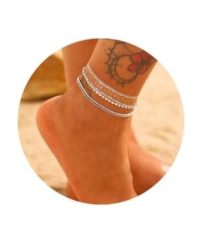 Boho Layered Anklet Rhinestone Beach Ankle Bracelets Silver Foot Chain Jewelry for Women and Girls $6.88 Anklets