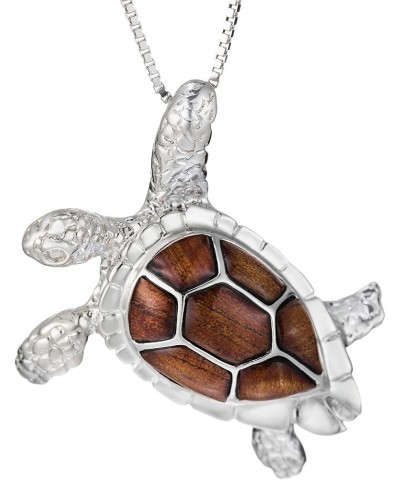 925 Sterling Silver Koa Wood 3D Turtle Necklace Pendant with 18" Box Chain, Nickel Free Hypoallergenic for Sensitive Skin, Oc...