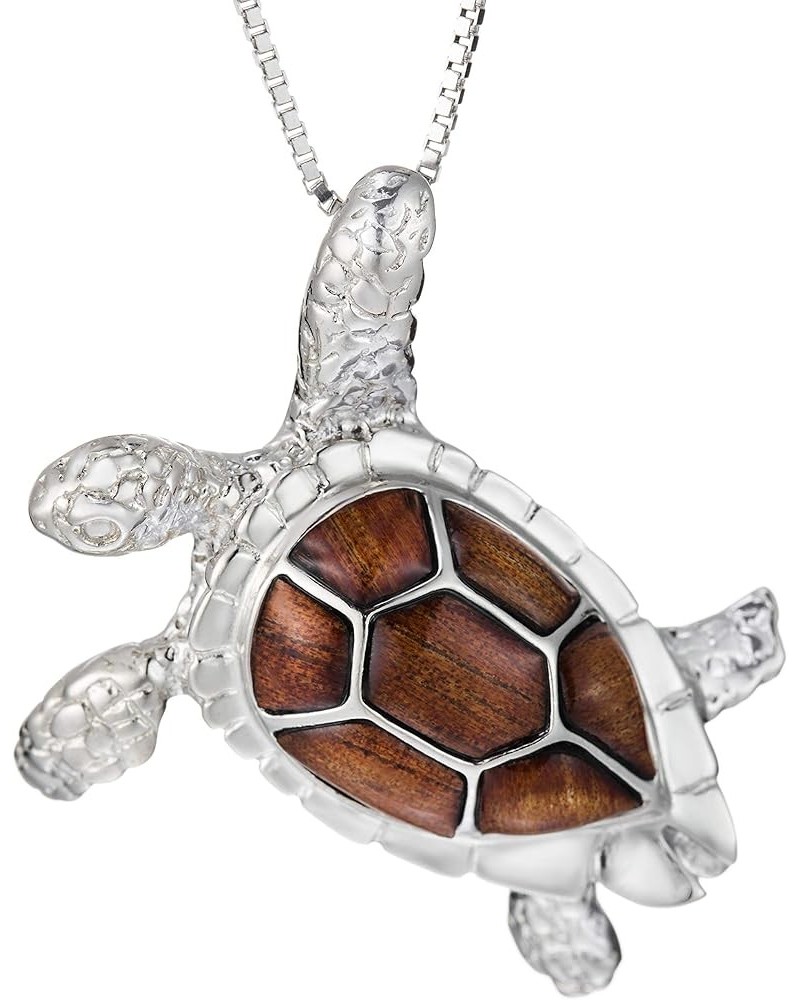 925 Sterling Silver Koa Wood 3D Turtle Necklace Pendant with 18" Box Chain, Nickel Free Hypoallergenic for Sensitive Skin, Oc...