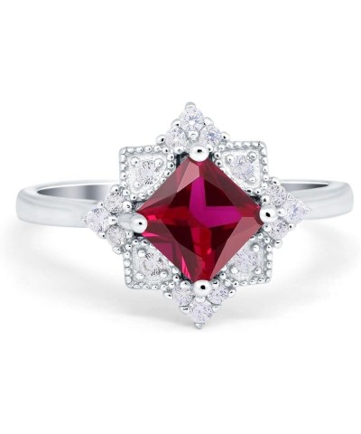 Art Deco Vintage Princess Cut Wedding Engagement Ring Round Simulated Cubic Zirconia 925 Sterling Silver Simulated Ruby CZ $1...