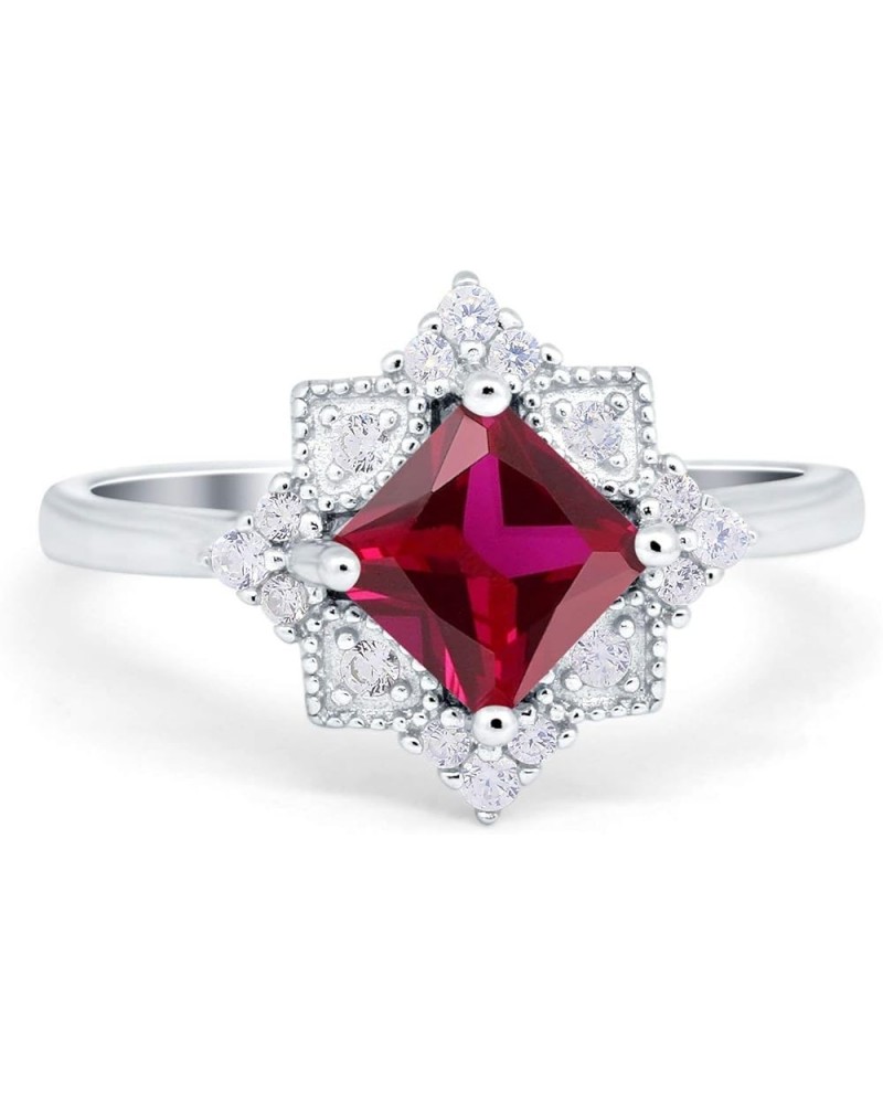 Art Deco Vintage Princess Cut Wedding Engagement Ring Round Simulated Cubic Zirconia 925 Sterling Silver Simulated Ruby CZ $1...