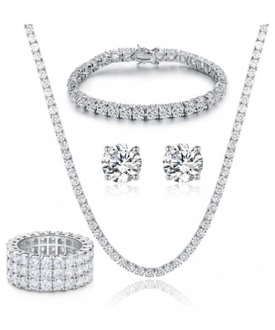 18K White Gold Plated Tennis Necklace/Bracelet/Earrings/3 Row Ring Sets Pack of 4 $28.59 Jewelry Sets