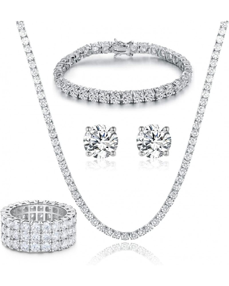 18K White Gold Plated Tennis Necklace/Bracelet/Earrings/3 Row Ring Sets Pack of 4 $28.59 Jewelry Sets