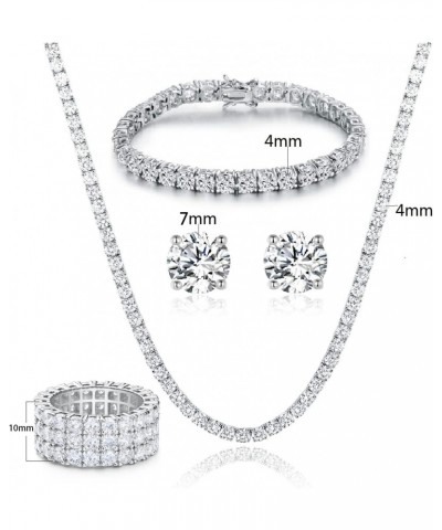 18K White Gold Plated Tennis Necklace/Bracelet/Earrings/3 Row Ring Sets Pack of 4 $28.59 Jewelry Sets