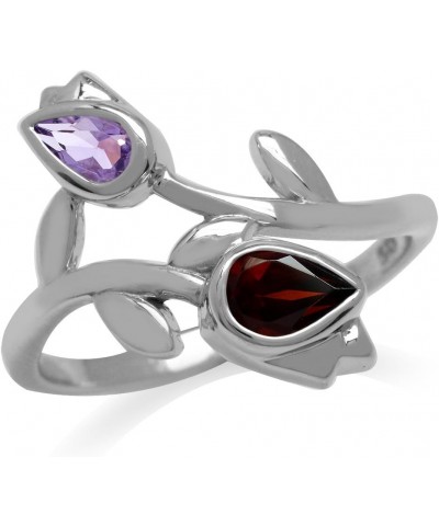 Genuine Gemstones 925 Sterling Silver Tulip Flower Wedding Party Right Hand Ring Jewelry for Women Red Garnet and Purple Amet...