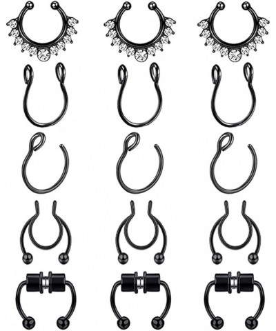 15 Pcs Fake Nose Rings Hoop Stainless Steel Fake Septum Ring Faux Non-Pierced Clip On Nose Hoop Black $8.54 Body Jewelry