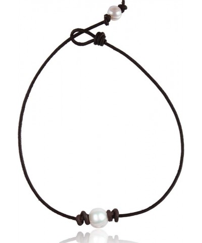 Single Pearl Choker Necklace on Genuine Leather Cord for Women Handmade Choker Jewelry Gift 18" Archaistic Brown $7.00 Necklaces