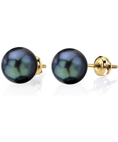 14K Gold Screwback Round Black Akoya Cultured Pearl Stud Earrings for Women Yellow Gold 7.0-7.5mm $60.68 Earrings