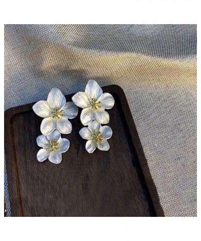 Pearl Flower Dangle Earrings Statement Stud Earring Large Metal Double Flower Matt Earring Boho Layered Floral Petal Drop Ear...