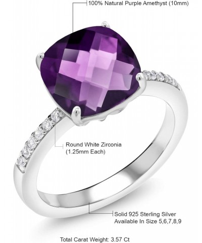 925 Sterling Silver Purple Amethyst Women's Ring (3.57 Ct Cushion Checkerboard-Cut 10MM, Gemstone Birthstone, Available In Si...