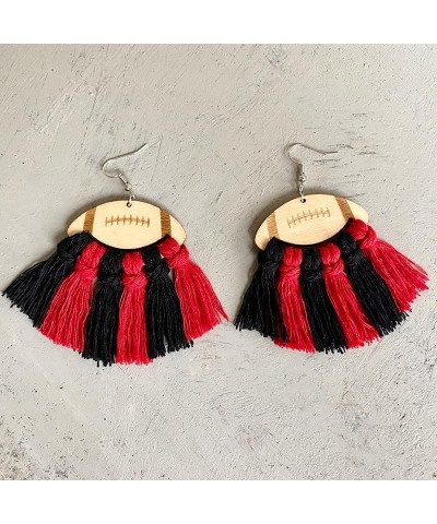 Game Day Earrings Handmade Wooden Football Colorful Tassel Drop Dangle Earrings Braided Sports Football Earrings Lover Jewelr...