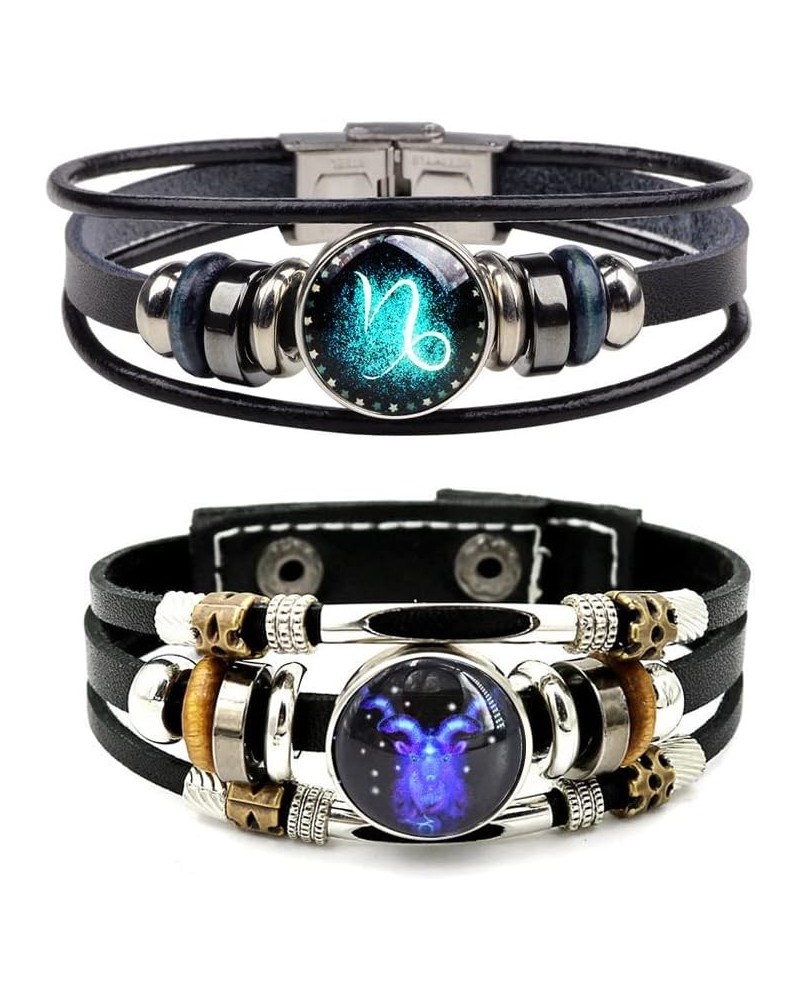 2Pcs Multilayer Constellation Zodiac Leather Bracelet Handmade Woven Zodiac Sign Wrap Wristband Bracelet Jewelry for Women Me...