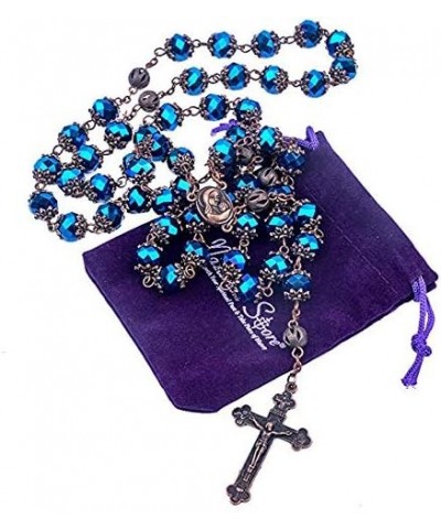 Store Deep Blue Crystal Beads Rosary Necklace Holy Soil Medal & Cross Crucifix Christian Handmade Religious Rosaries $11.17 N...