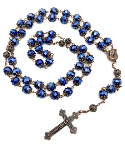 Store Deep Blue Crystal Beads Rosary Necklace Holy Soil Medal & Cross Crucifix Christian Handmade Religious Rosaries $11.17 N...