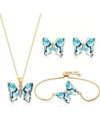 Butterfly Crystal Jewelry Set with Butterfly Necklace Stud Earrings Bolo Bracelet Adjustable Ring for Women Trendy Teen Girls...