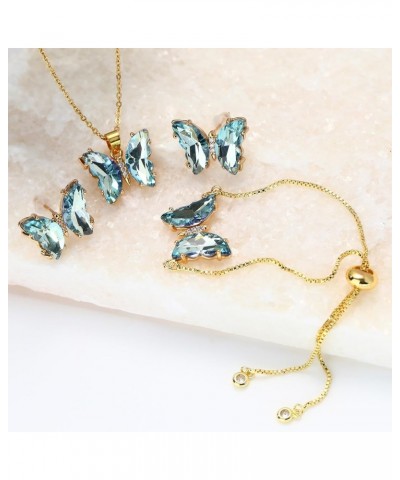 Butterfly Crystal Jewelry Set with Butterfly Necklace Stud Earrings Bolo Bracelet Adjustable Ring for Women Trendy Teen Girls...