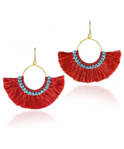 Bohemian Inspired Fan Shaped Red Tassels on Brass Dangle Earrings $7.84 Earrings