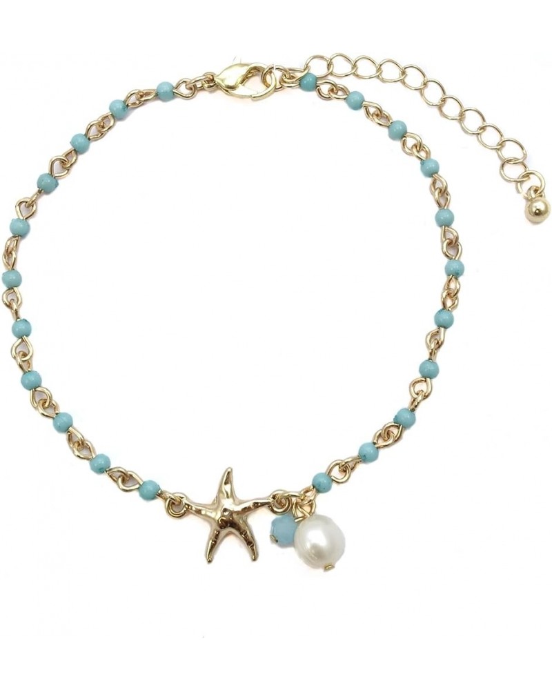 Starfish Charm and Freshwater Pearl Bead Link Anklet Gold - Blue Bead $6.83 Anklets