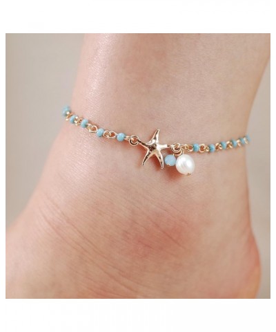 Starfish Charm and Freshwater Pearl Bead Link Anklet Gold - Blue Bead $6.83 Anklets