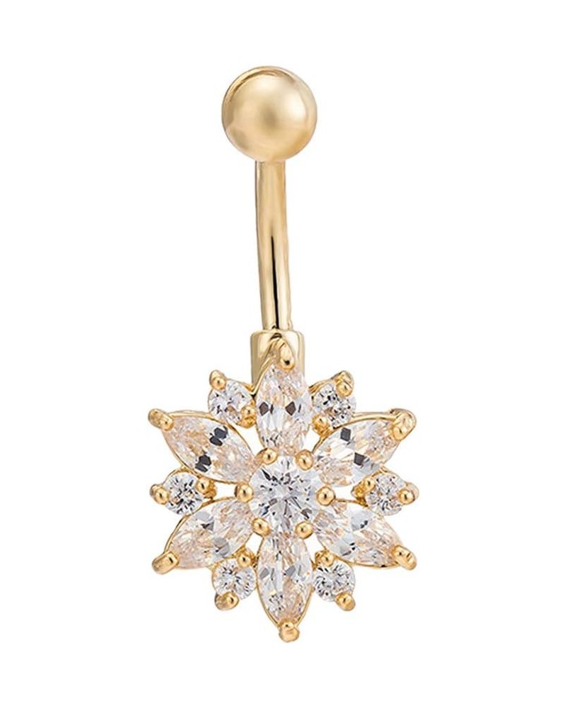 CZ Flower Belly Button Ring - Surgical Steel Vibrant Rhinestone Flower Navel Rings Plated in 18k Gold - Diamond Short Chrysan...