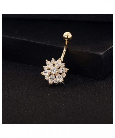 CZ Flower Belly Button Ring - Surgical Steel Vibrant Rhinestone Flower Navel Rings Plated in 18k Gold - Diamond Short Chrysan...