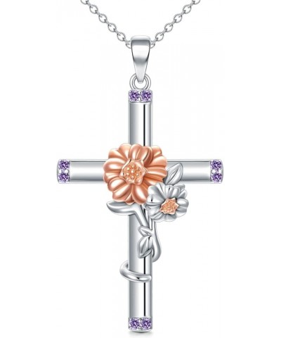 Carnation/Daffodil/Daisy/Lily of the Valley/Rose/Poppy/Morning Glory Cross Necklace 925 Sterling Silver Birth Month Flower Je...