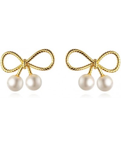 Solid 925 Sterling Silver Ribbon Bow Stud Earrings for Women Girls Pearl Stud Earrings B-Gold $10.06 Earrings