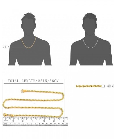 Stainless Steel 4mm Twist Rope Chain Necklace, 22" Inches-28" Inches Gold 22" Inches $8.50 Necklaces