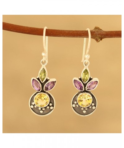 Artisan Handmade Multigemstone Dangle Earrings 3carat from India .925 Sterling Silver Citrine Amethyst Peridot Birthstone 'Gl...