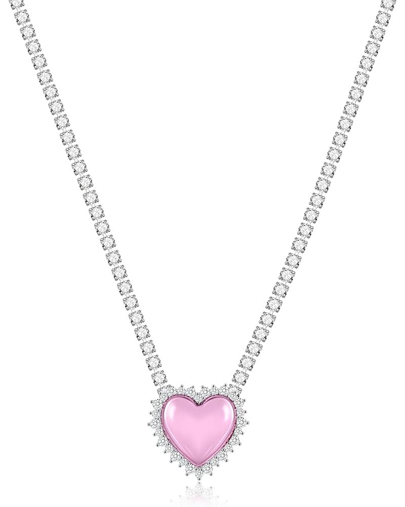 Heart Pendant and Choker Necklace for Women, Pink/Blue/Gold Heart Necklace with Premium Cubic Zirconia, Dainty Cute Necklace ...