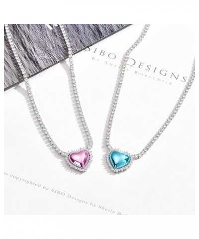 Heart Pendant and Choker Necklace for Women, Pink/Blue/Gold Heart Necklace with Premium Cubic Zirconia, Dainty Cute Necklace ...