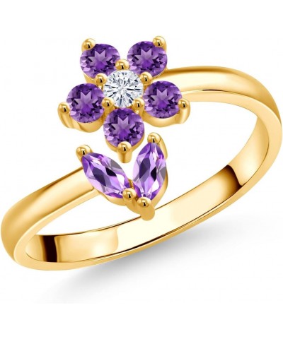 18K Yellow Gold Plated Silver Purple Amethyst and White Moissanite Flower Open Ring For Women (0.53 Cttw, Gemstone February B...